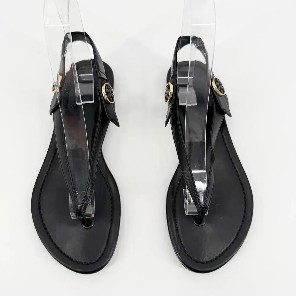 Tory Burch Minnie Travel Sandals Black Leather Thong Slingback Flat Shoes 6.5